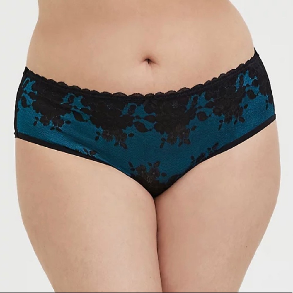 TEAL MESH & BLACK LACE T-STRAP HIPSTER PANTY